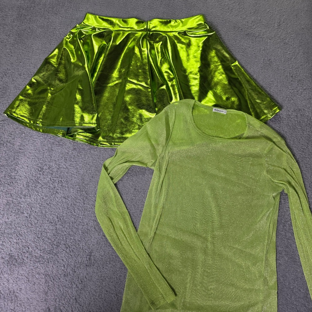 EXCHIC Women XL Skirt Set Lime Green Metallic Skater Skirt Sheer Glitter Top